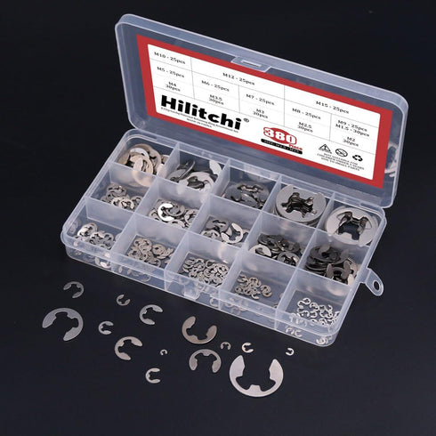 Hilitchi 380-Pcs E-Clip Circlip External Retaining Ring Assortment Set - 14 Sizes, 304 Stainless Steel