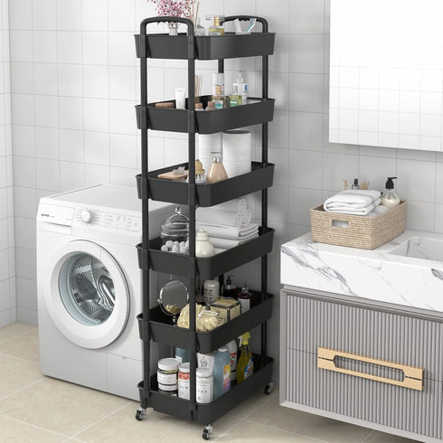Sywhitta 6-Tier Plastic Rolling Utility Cart with Handle, Multi-Functional Storage Trolley for Office, Living Room,