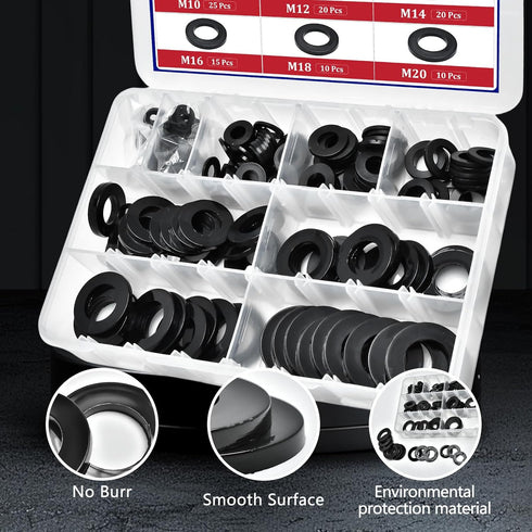 240pcs Nylon Large Flat Round Washer Spacer, 9 Sizes Black Flat Washers Assortment Kit for Screw Hardware Tool