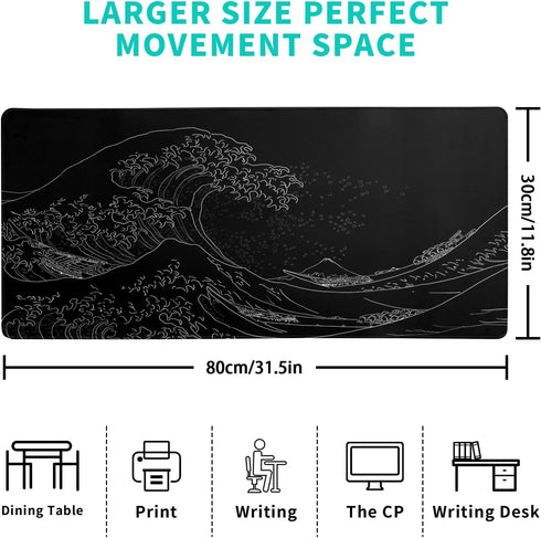 Japanese Sea Wave Large Mouse Pad, Anime Black Gaming, Extended Kanagawa Mat Desk Pad, 3mm Thick Long Non-Slip Rubber Base Mice Pad, 31.5 X 11.8 Inch by Brecoy
