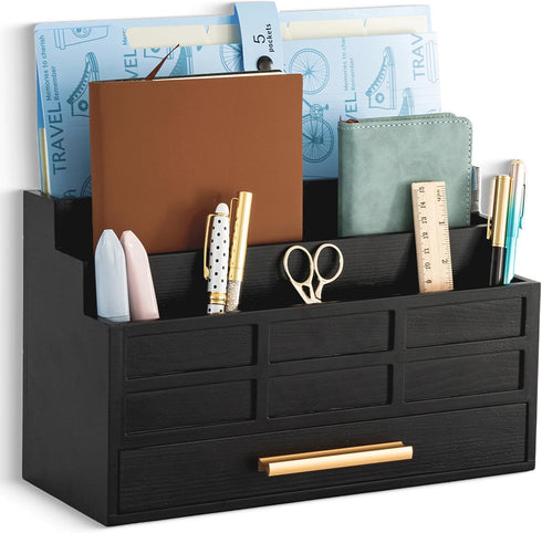Black Wood Desk Organizer with Drawer, Rustic Bill Mail Organizer and File Holder for Office Supplies