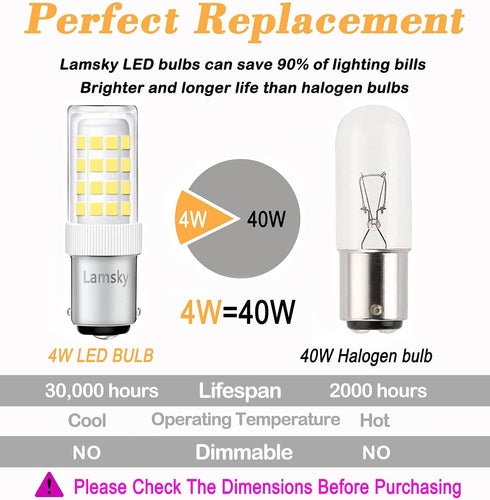 BA15D LED Double Contact Bayonet Base Sewing Machine Bulb, AC110-130V, T3/T4/C7/S6, 4W Daylight 6000K, 2-Pack