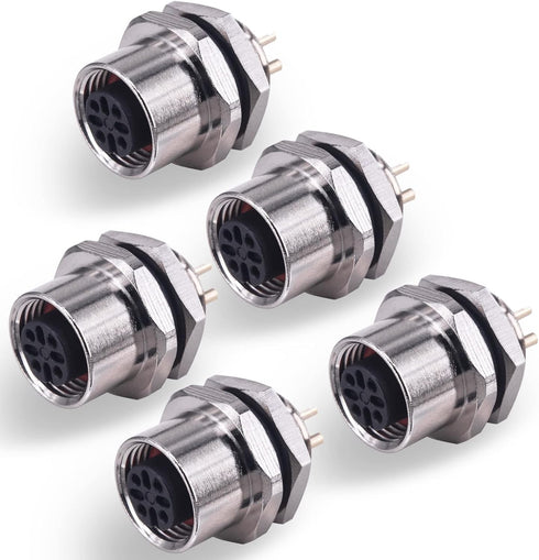 M12 4Pin A Coded Female Straight IP67 Waterproof Rear Bulkhead Panel Receptacles, 5PCS Cable Solder Type Field Assembly