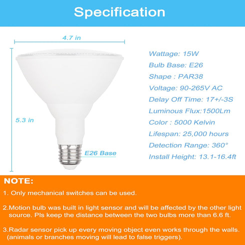 GREENIC Radar Motion Sensor Light Bulbs Outdoor, 15W 5000K PAR38 LED Flood Light, 100 Watt Equivalent, 2 Pack