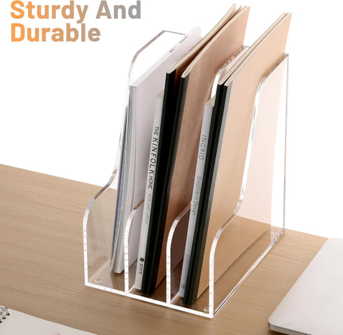 SANRUI Desk Organizer, Acrylic Magazine File Holder with 3 Vertical Compartments, Clear File Sorter for Office Home