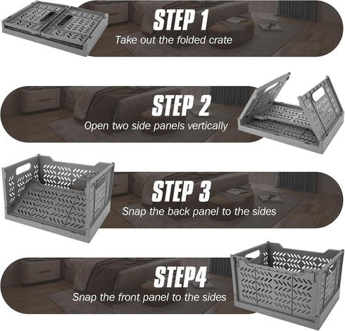 Domiella 2-Pack Stackable Storage Crates - Foldable Plastic Crate for Office Home Kitchen Bedroom Bathroom (Tall, Gray)