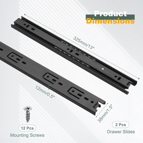 13 1.5 Inch 2Pcs PATIKIL x Drawer Slides, Steel Full Extension Ball Bearing Side Mounted Rails with Mounting Screws