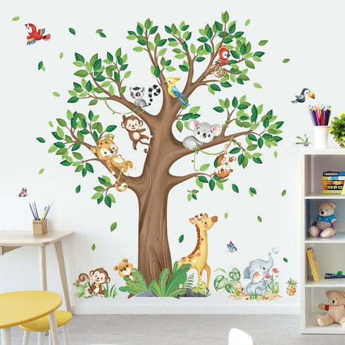 decalmile Large Jungle Animal Tree Wall Decals Giraffe Koala Leopard Safari Wall Stickers Baby Nursery Kids Bedroom
