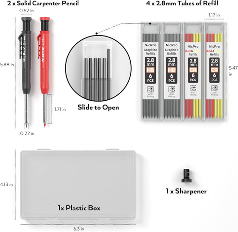 Nicpro Carpenter Pencil with Sharpener, Mechanical Pencils Set with 26 Refills, Deep Hole Marker for Heavy Duty