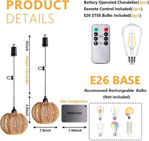 TWINKVILLA 2Pack Battery Operated Chandelier, Hanging Gazebo Lights, Cactus Shape Boho Rattan Pendant Lights Outdoor