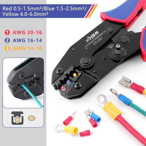 Zhushan Ratcheting Electrical Wire Crimper, 30J Crimping Tool for Insulated Terminals, Ratchet Terminal Crimper