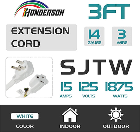 HONDERONS 3FT White Extension Cord with Flat Plug, 14/3 SPT-3 Extension Cable 3 Prong Grounded, Durable Power Cable for Home, Office