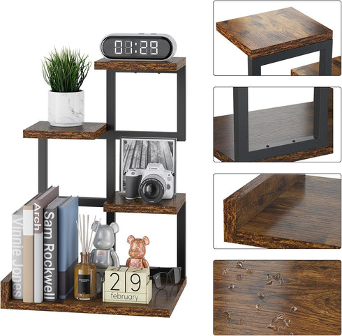 YMYNY Desktop Shelf Organizer, 4 Tier Storage Display Rack, Small Bookshelf with Metal Frame for Office, Rustic Brown