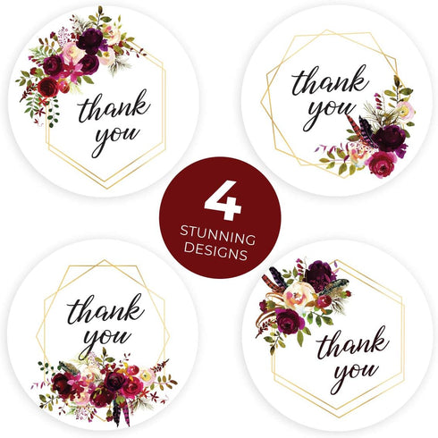 Fall Floral Frames Thank You Stickers, 500 Boho Thank You Stickers, 4 Alternating Designs, 1.5" Autumn Wedding Envelope