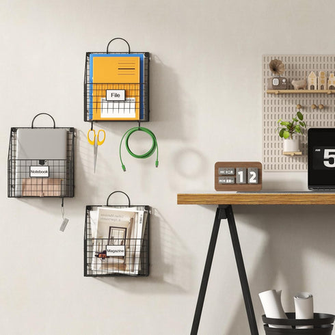 Hanging Wall File Organizer, Metal Wall Mounted Holder with Handles and Hooks, 3 Packs for Home Office Decor