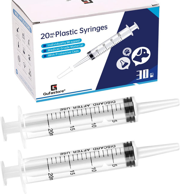 30 Pack 20ml Plastic Syringes for Scientific Labs, Measuring Liquids, Pets, Oil or Glue Applicator