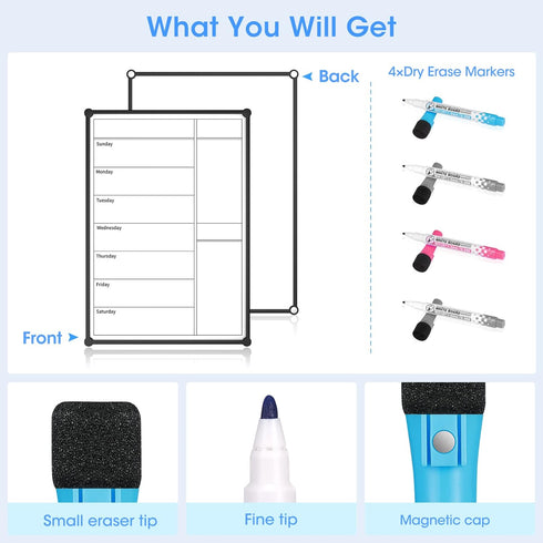 Magnetic Weekly Calendar for Fridge, 12×8”, Double-Sided Grocery List & Kitchen Menu Planner Board with 4 Markers