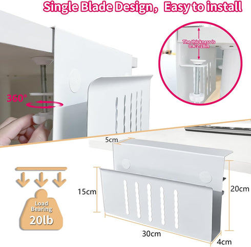 Desk Side Storage, No Drill Steel Hanging Organizer, Laptop Holder for Office & Home (White)