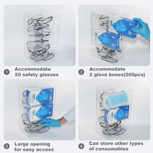 -2 1 Settings, Countertop SEANADO Safety Glasses Dispenser Glove Box in Dustproof Acrylic Bin Holder for Protective