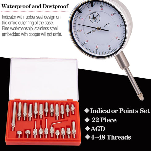 Dial Indicator with Magnetic Base Holder, Precision Inspection Set, 0-1.0" Tester Gage, 0.001" Precision Dial Test