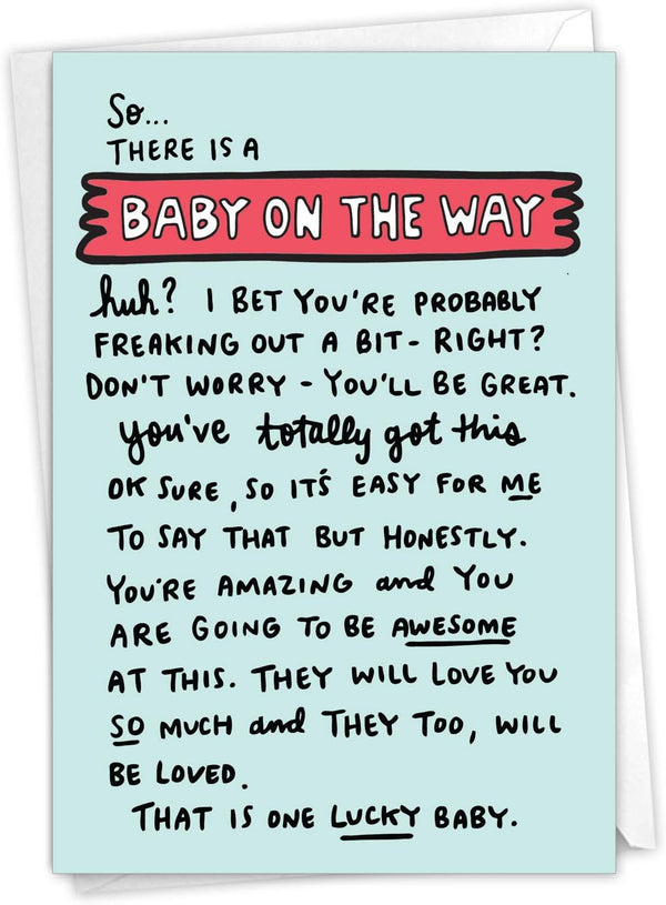 NobleWorks Cute Pregnancy Baby Card with Envelope - Funny Newborn Congrats Card C6355BBG
