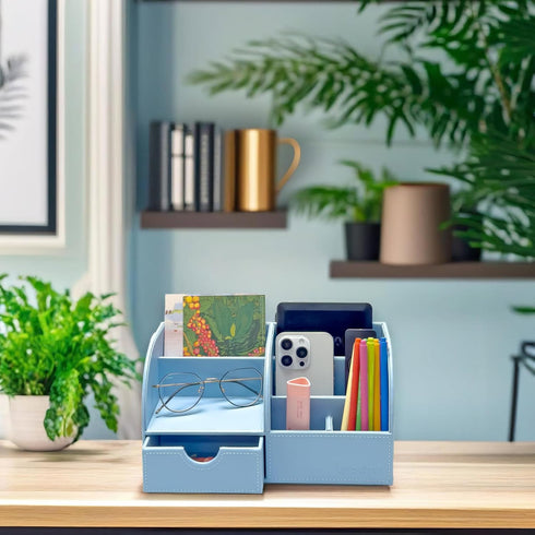 UnionBasic Desk Organizer, Blue Multifunctional Leather Desktop Pen Holder for Business Card, Pen & Mobile Phone