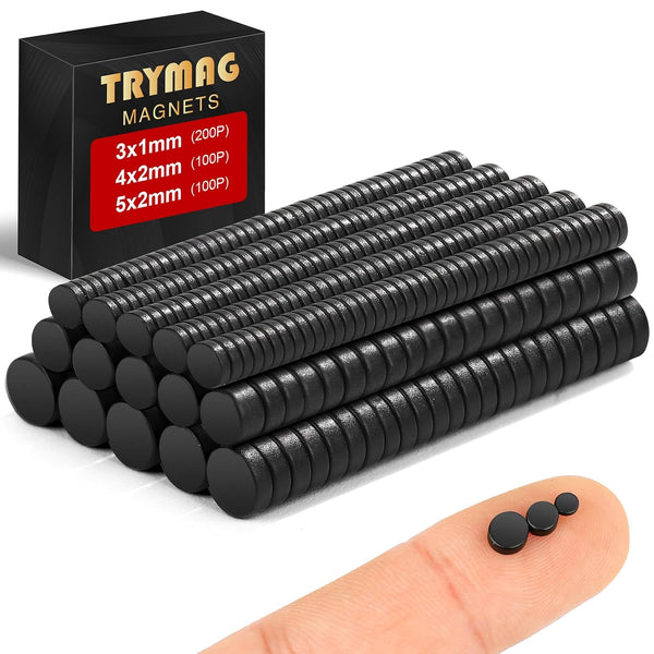 TRYMAG Black Small Magnets, 400Pcs Rare Earth Magnets in 3 Sizes for Crafts, Mini Fridge, Office, Kitchen Cabinet