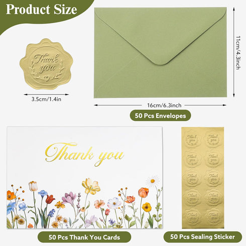 50 Pack 4x6 Inch Thboxes Thank You Cards with Envelopes, Teacher Appreciation Cards with Stickers, Thank You Card Bulk