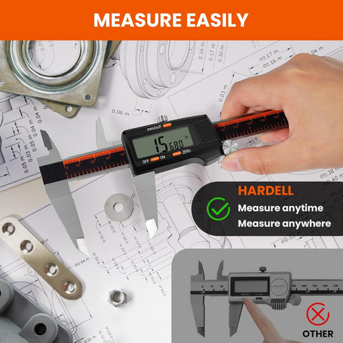 HARDELL Digital Caliper, 0-8 Inch Measuring Tool, Stainless Steel, Large LCD Screen, Waterproof Caliper for