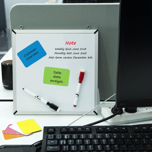 Small Whiteboard Set - 10 x 10" Dry Erase Board with 2 Markers & 6 Magnetic Labels - Mini Double-Sided Wall Hanging