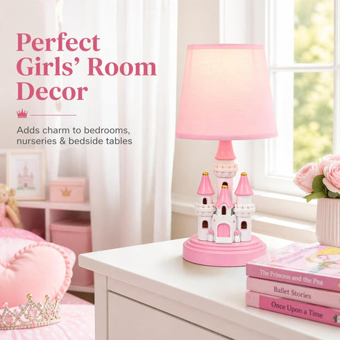Ecliptix 14 Inch Bulb Kids Table Lamp, Adorable Castle Style Kids Desk Lamp, Pink Bedside Lamp Ideal for Girls Bedroom