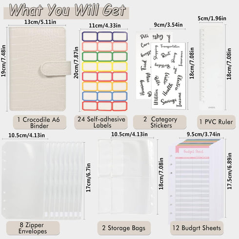 Budget Binder with Zipper Envelopes - Crocodile Pattern Leather Money Organizer, A6 Bill Binders with Pockets, Beige