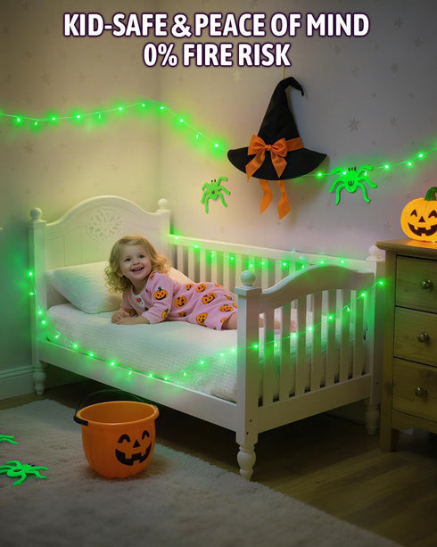 Kelumi 16.4ft 50 Halloween Lights Battery Operated, Green Fairy Lights with Timer Waterproof LED Halloween Decorations