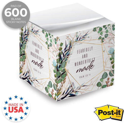 Religious Sticky Note Cube, 2.75" Memo Block Printed on 4 Sides, Modern Floral Christian Design