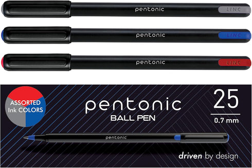 Pentonic Ballpoint Pens, 25 Count, Black, Red & Blue Ink, 0.7 mm Fine Point, Smooth Writing for Journaling