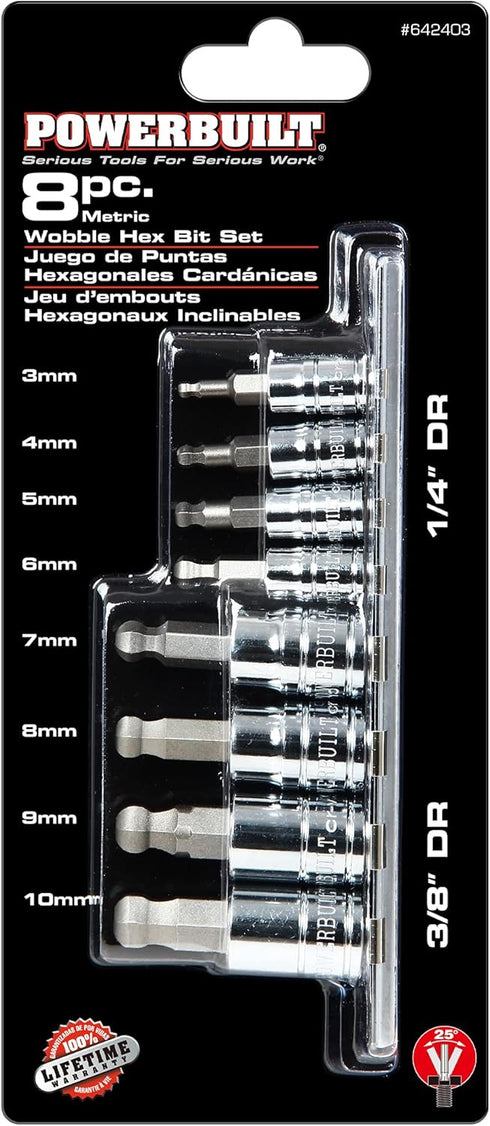 8 Set, 3-10mm, 25 S2 642403 Powerbuilt Piece Metric Wobble Ball Hex Bit Sizes Wobble design works at angles up
