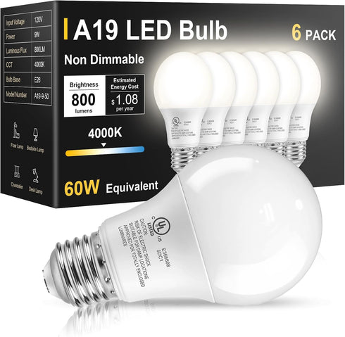 TJOY 6 Pack LED Light Bulbs 60 Watt Equivalent, Natural White 4000K