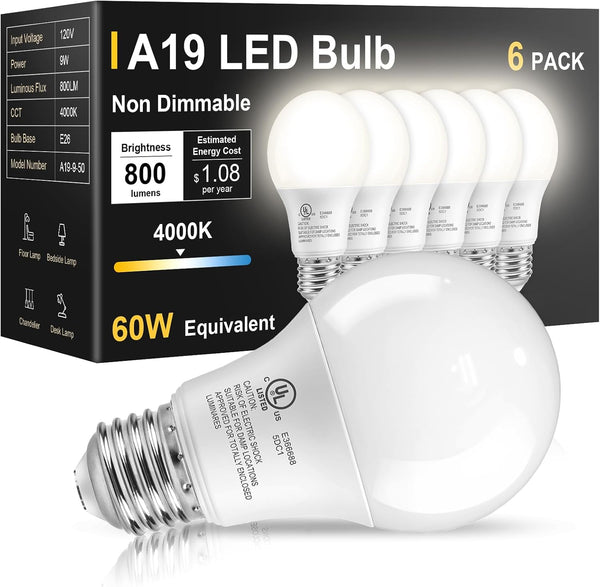 TJOY 6 Pack LED Light Bulbs 60 Watt Equivalent, Natural White 4000K