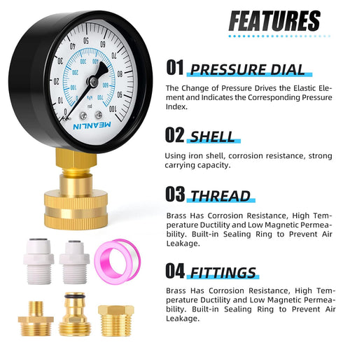 MEANLIN MEASURE 0~100Psi 3/4" Female Water Pressure Kit with 5 Adapters, Multi-Purpose Pressure Gauge for Gardens