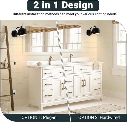 Btvsd Set 2, Bathroom(2 Bulbs Plug in Wall Sconces of Adjustable Angle Black Wall Lights with Plug in Cord & On/Off