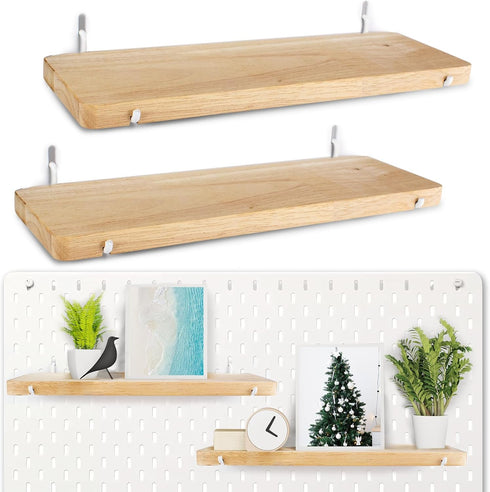 2 Pack Solid Wood Pegboard Shelf, Pegboard Accessories with Hooks, Compatible with IKEA Skadis
