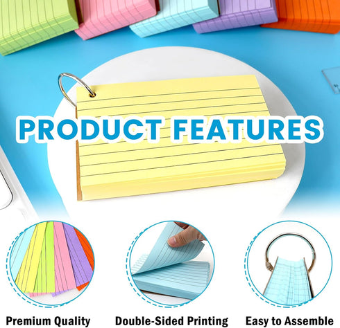 600PCS Cards,3x5 Inches Lovppy Index Colored Flash Cards with Ring, Punched Lined Flashcards Ruled Index Cards