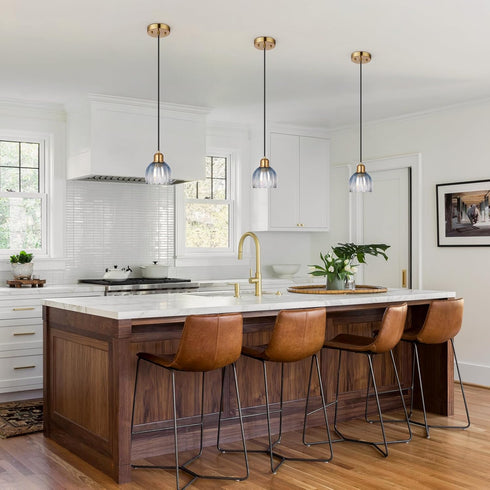 TALOYA Pendant Light with Blue Tulip Glass Lampshade, Brass Vintage Pendant Light Adjustable Hanging Light for Kitchen