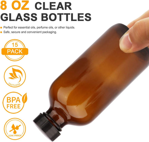 8oz Amber Glass Bottles, 20 Pack with Black Lids, 20 Labels, Funnels, Droppers, and Brush