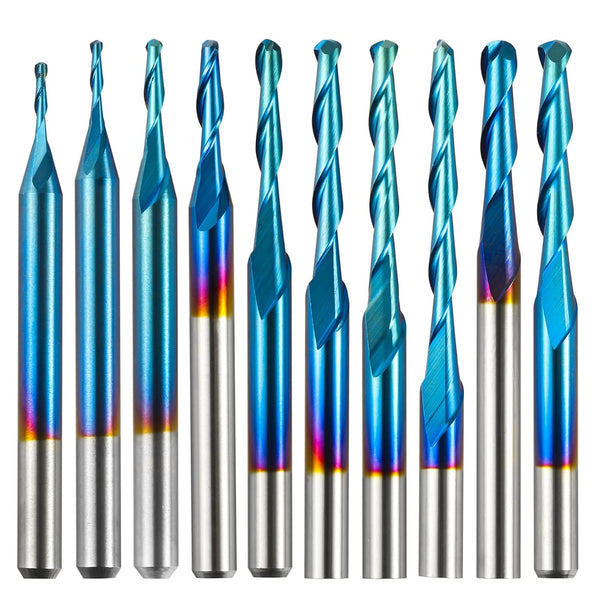 10pcs 2-Flute Nano Blue Coat Ball Nose Spiral End Mill, 1/8'' Shank, 0.8mm-2.5mm Cutting Diameter for CNC Router Bits
