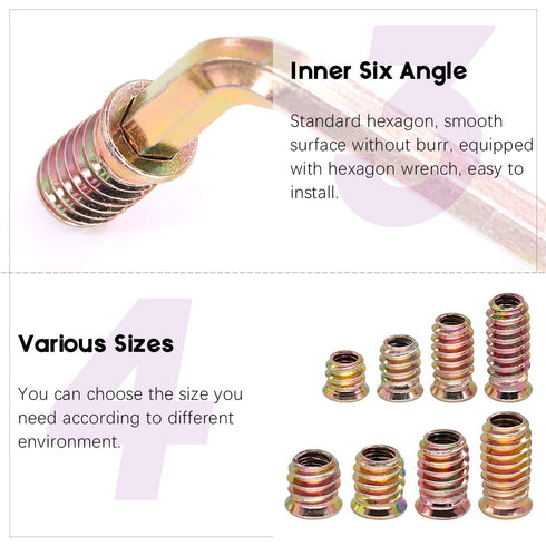 Swpeet 122Pcs Carbon Steel Color Zinc Plated Furniture Screw in Nut Threaded Wood Inserts Bolt Fastener Connector