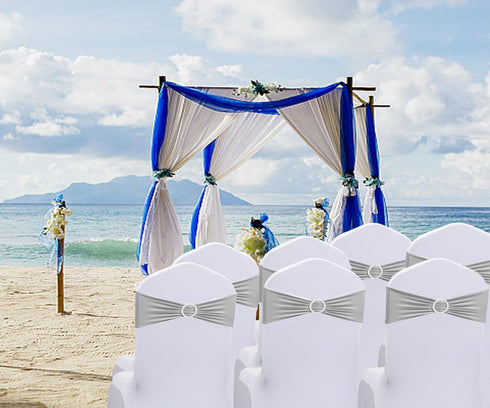 JKDMJF 50 Pack Stretch Spandex Silver Gray Chair Sashes Bows - Universal Chair Bands with Silver Buckle for Wedding