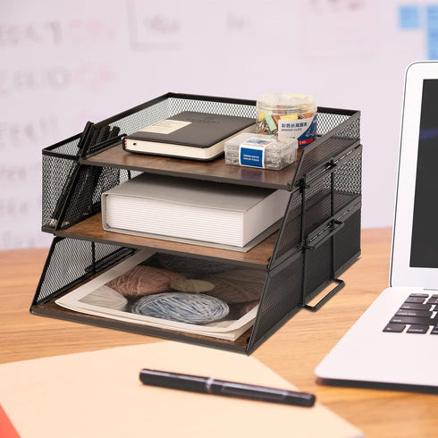 Vintage Wood & Metal Letter Tray - Stackable Desk Organizers for File, Magazines, Mail, with Pen Holder (3 Layer)