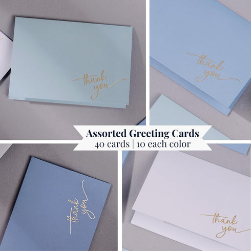 Pack 40, 5x3.5 Inch Gold Foil Thank You Cards - Bulk of with Matching Stickers & Envelopes (Blue) Textured Surface