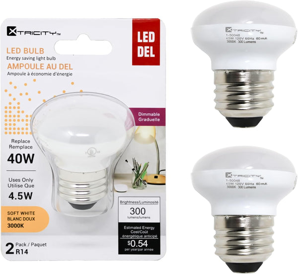 Xtricity R14 Dimmable LED Light Bulbs, E26 Base, 4.5W (40 Watt Equivalent), 3000k Soft White, 2 Pack